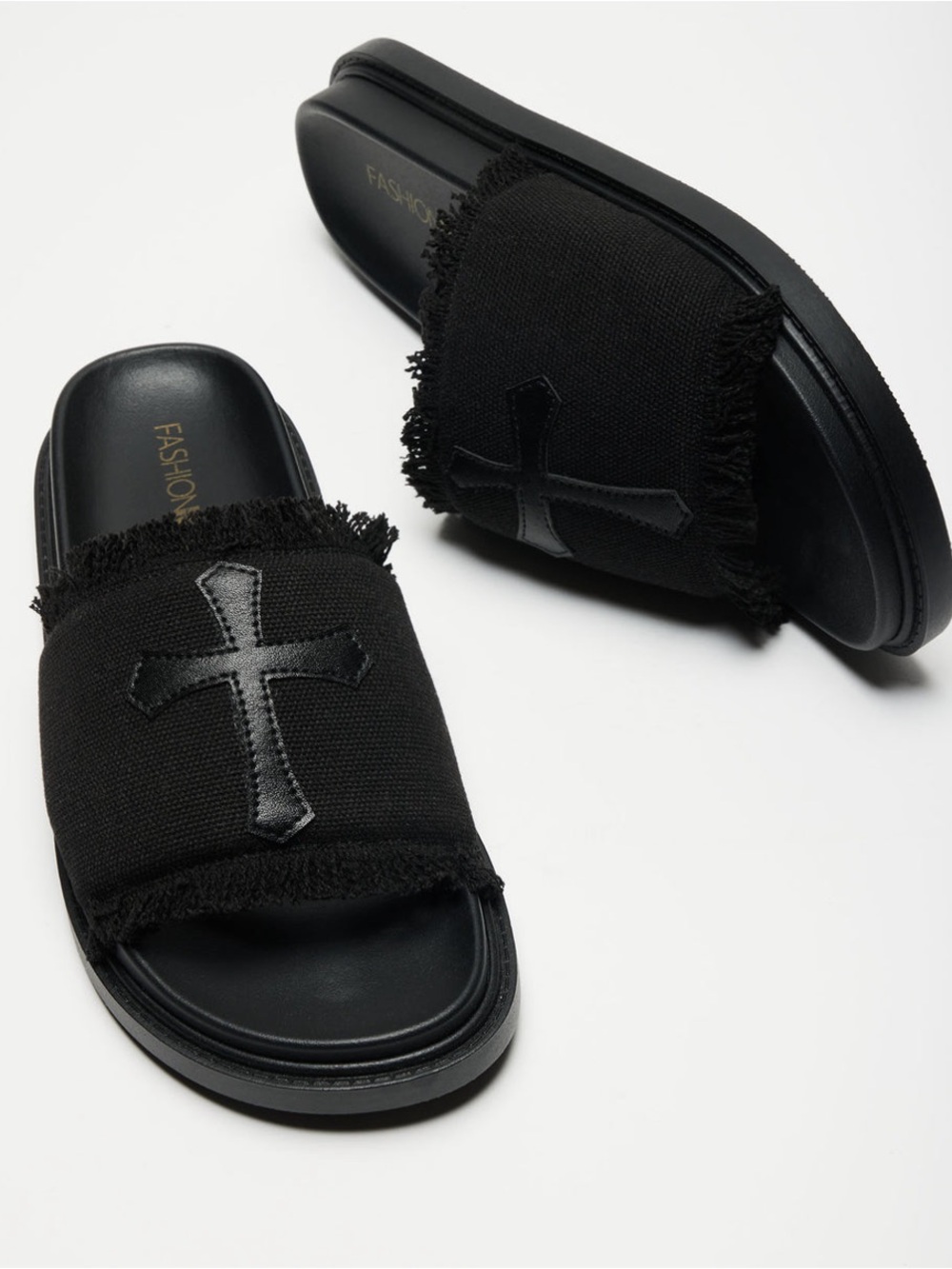 Black Cross Fringe Slide Sandals 7